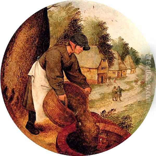 Proverb 'filling the well after the calf has drowned' Oil Painting - Pieter The Younger Brueghel