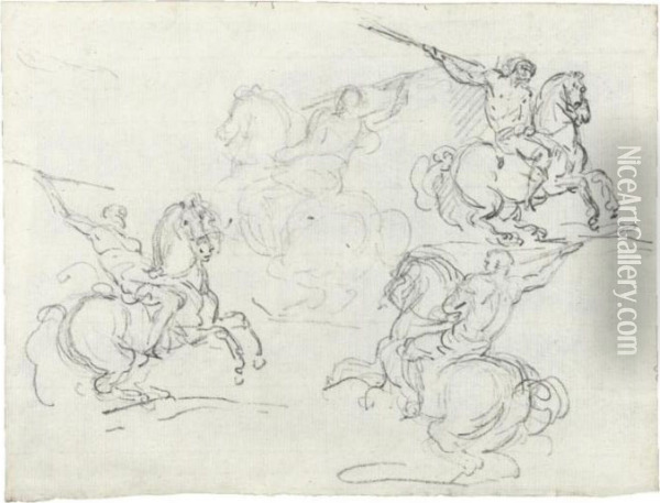 Four Studies Of Horsemen Holding Lances Oil Painting - Theodore Gericault