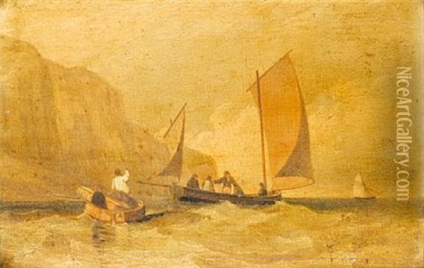 A Lugger With Passengers Inshore Below Cliffs Oil Painting - Alfred Priest