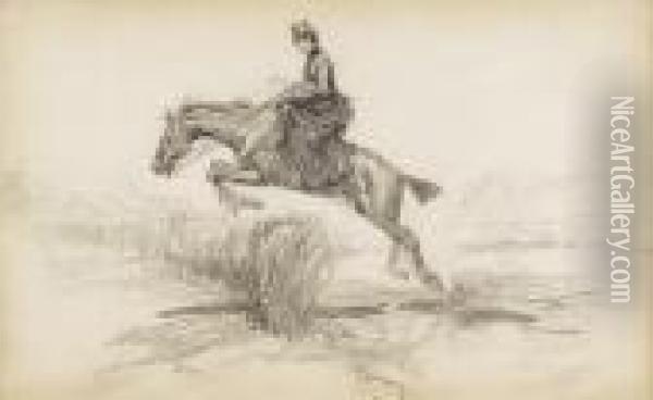 Woman And Horse Rider Hurdling A Bush French Oil Painting - Charles Marion Russell
