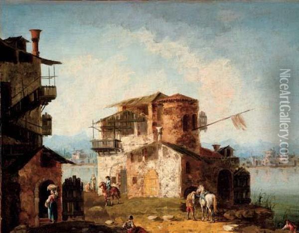 A Capriccio With Rustic Houses And Figures On Horseback Oil Painting - Michele Marieschi