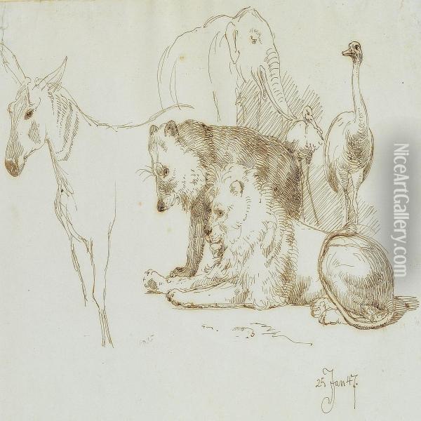 Studies Of Animals Oil Painting - Johan Thomas Lundbye