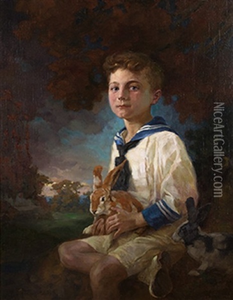 Portrait Of A Young Boy With Rabbits Oil Painting - Nikolai Petrovich Bogdanov-Bel'sky