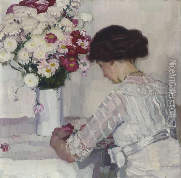 Dame In Weis Mit Blumen Oil Painting - Josse Goossens