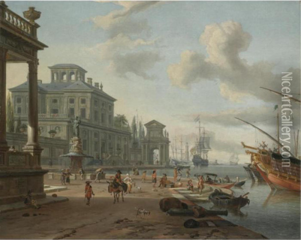 A Capriccio View Of An 
Italianate Harbour With Figures On The Quay Beneath Classical Buildings Oil Painting - Abraham Storck