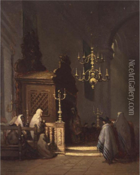 A Synagogue Interior Oil Painting - Johannes Bosboom