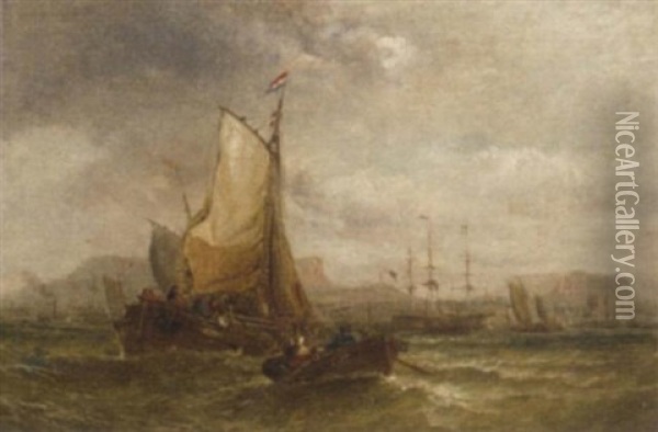 Congested Coastal Waters With A Dutch Barge Making Ready To Enter A Busy Harbour Oil Painting - George William Crawford Chambers
