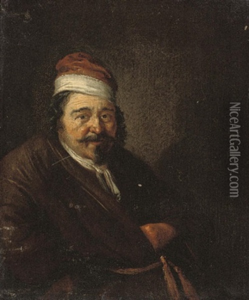 Portrait Of A Man, In A Brown Gown And A Red Cap With White Trim Oil Painting - Adriaen Jansz van Ostade