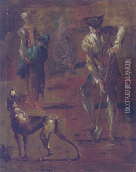 A Dog, A Man Digging, A Peasant Woman Carrying A Child And A Lady Beyond Oil Painting - Giovanni Antonio Guardi
