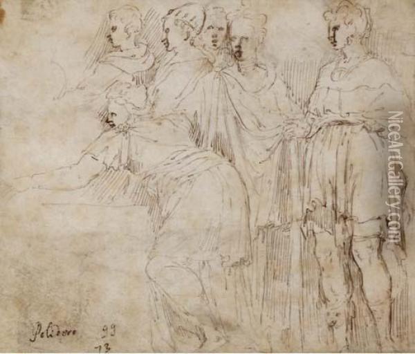 Six Standing Figures In Drapery 
Turned To The Left (recto); A Standing Female In Drapery Turned To The 
Right (verso) Oil Painting - Giulio Campi