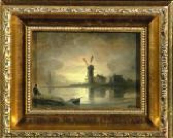 4in. X 5 1/2in. On Panel 
Dordrecht-a Windmill By The River At Moonrise With Inscription And Date 
1871 On The Reverse Oil Painting - Henry Bright
