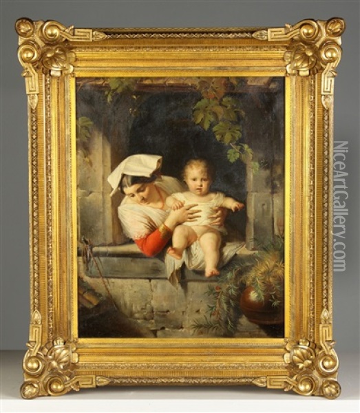A Mother And Child At Window Oil Painting - Giuseppe Mazzolini