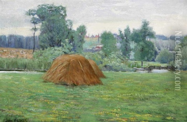 Haystack In Landscape Oil Painting - John Franklin Stacey