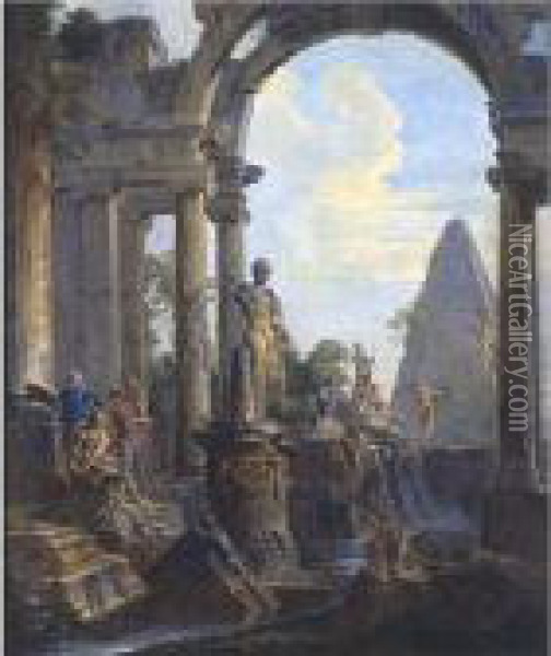 An Architectural Capriccio With 
The Pyramid Of Caius Cestius And A Classical Statue Of Meleager, 
Soldiers And Other Figures Conversing Oil Painting - Giovanni Niccolo Servandoni