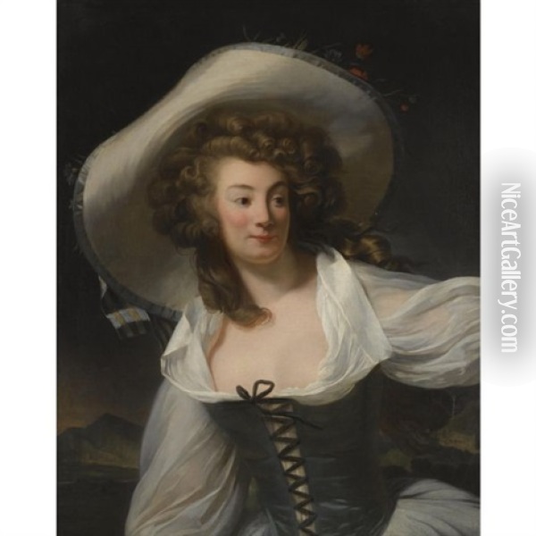 Portrait Of The Artist's Wife Marie-pierrette-antoinette Danloux, Nee De Saint Redan, Wearing A White Hat Oil Painting - Henri-Pierre Danloux