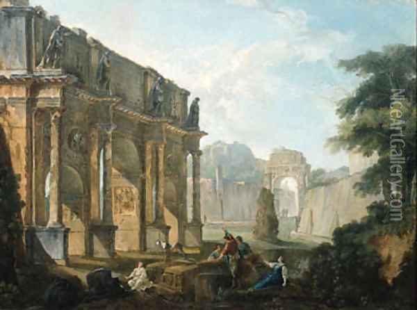 Capricci of Roman ruins with figures conversing and resting Oil Painting - Hubert Robert