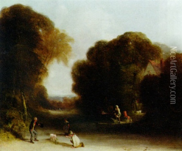 A Wooded Landscape With Men Circling A Pig Oil Painting - William Collins