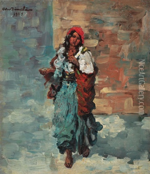 Gypsy Woman With Red Kerchief Oil Painting - Octav Bancila