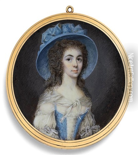A Young Lady, In Decollete White Muslin Dress With Blue Bodice, White Muslin Shawl Over Her Shoulders Tied At Corsage, Wearing A Large Blue Hat Oil Painting - Giuseppe Tresca