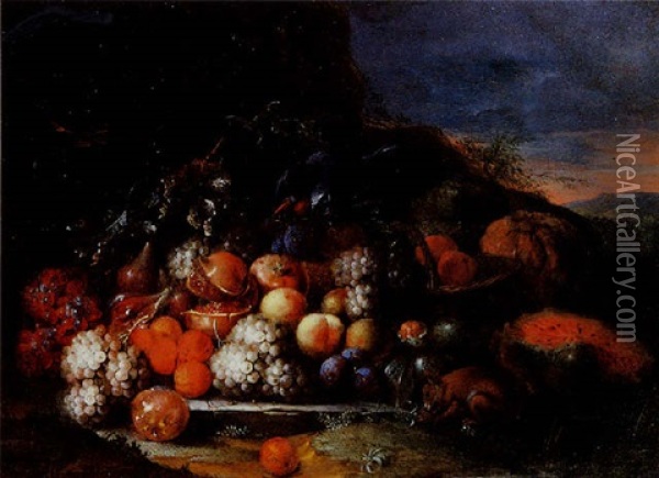 Nature Morte Aux Fruits, Perroquet Et Ecureuil Oil Painting - Peter Mathys Gillemans