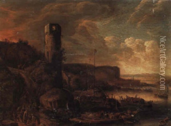 A River Landscape With Barges Moored Below A Ruined Tower Oil Painting - Herman Saftleven