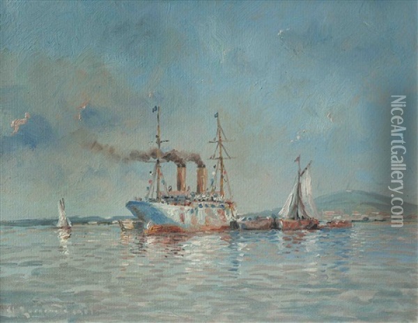 Puerto De Montevideo Con Veleros Oil Painting - Manuel Larravide