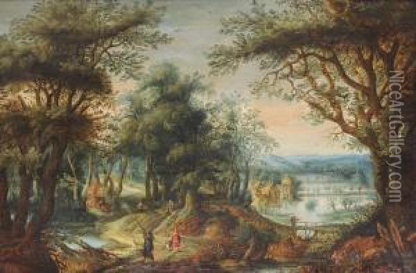 Sunlit Wooded Landscape, With Figures And Dogs In The Foreground, A Pond In The Distance Oil Painting - Abraham Govaerts