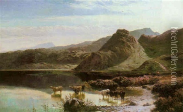 Cattle Watering In A Mountainous River Landscape, North Wales Oil Painting - Sidney Richard Percy