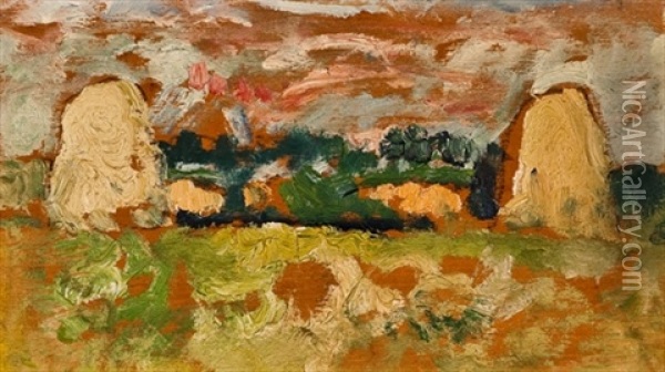 Haystacks, Ceres, Fife Oil Painting - George Leslie Hunter