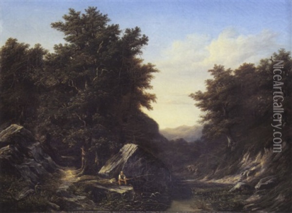Bewaldete Bachlandschaft Mit Angler Oil Painting - Charles Samuel Delapeine
