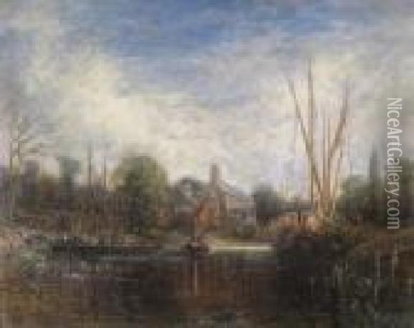 River View With Boats And Children Swimming Oil Painting - John Constable