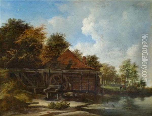 Landscape With A Watermill Oil Painting - Meindert Hobbema