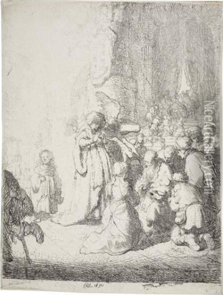 The Presentation In The Temple With An Angel: Smallplate Oil Painting - Rembrandt Van Rijn