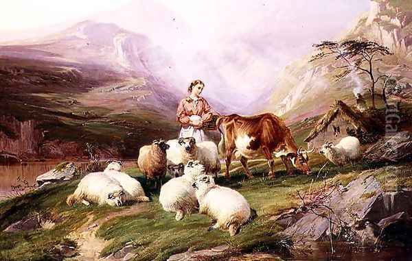 Cow and Sheep on a Mountain Pasture Oil Painting - Thomas Sidney Cooper