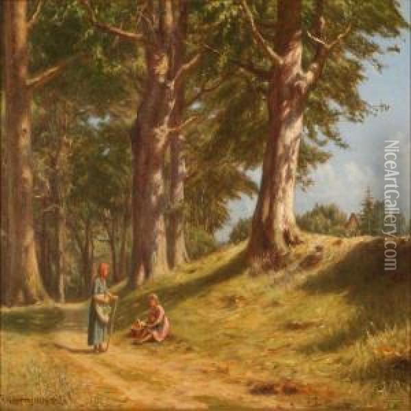 Two Women On A Forest Road Oil Painting - N. F. Schiottz-Jensen