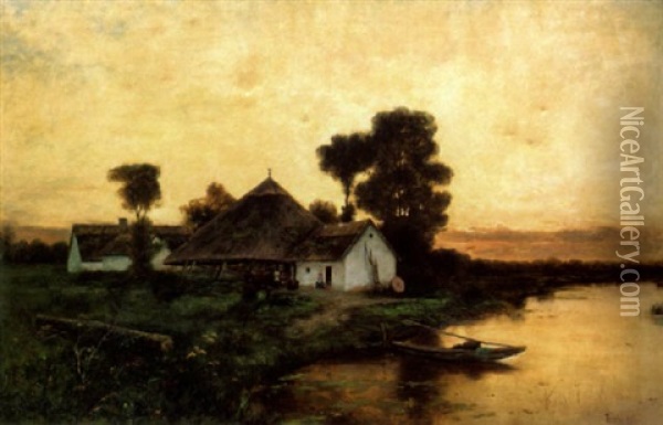 Malom A Folyoparton (mill On The Riverside) Oil Painting - Arthur (Artur) Toelgyessy