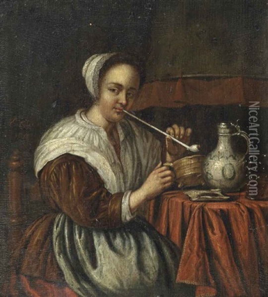 A Woman Smoking A Pipe At A Table Oil Painting - Edward Collier