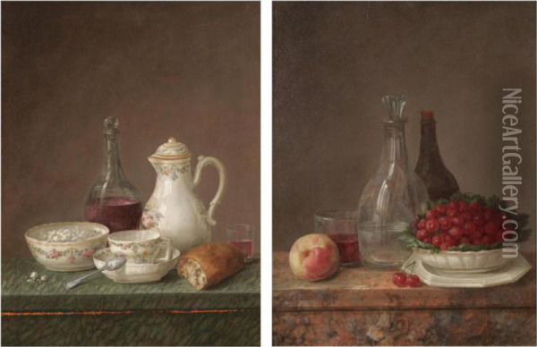 A Still Life With A Carafe Of Wine, A Teapot, A Bowl Of Sugar And A Piece Of Bread On A Marble Ledge;
A Still Life With A Bowl Of Cherries, A Peach And Carafes Of Water And Wine On A Marble Ledge Oil Painting - Claude Joseph Fraichot