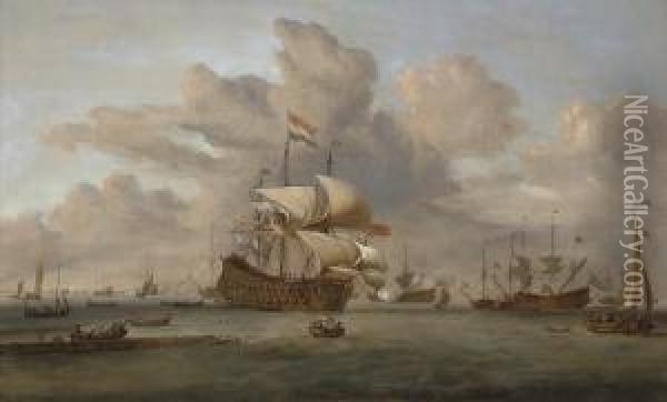 A Dutch Flagship Receiving A Salute As She Arrives At The Fleetanchorage Oil Painting - John Christian Schetky