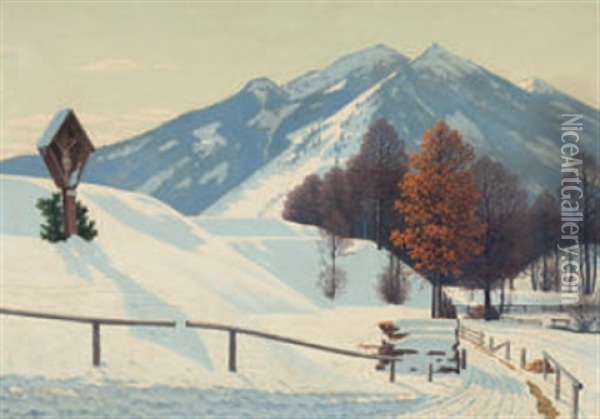 Winterlandschaft Mit Wegkreuz Oil Painting - Fritz Mueller-Landeck