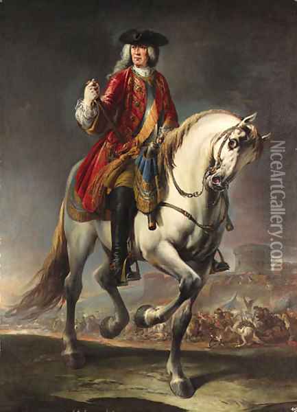 Equestrian portrait of Field Marshal Count Johann Matthias von der Schulenburg, full-length, in a red coat and a breastplate on a grey mare Oil Painting - Giuseppe Nogari