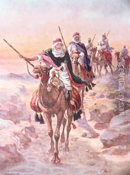 Lord Kitchener, Disguised as an Arab, Riding Across the Desert to Dongola, illustration from Brave Deeds by Brave Men by C. Sheridan Jones, pub. 1922 Oil Painting - Henry A. (Harry) Payne