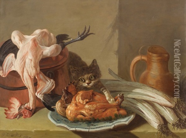 Kuchenstillleben Mit Junger Katze, An Einem Gebratenen Hahnchen Naschend Oil Painting - Jacques Charles Oudry