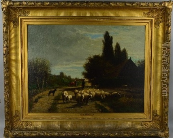 Village Scene With Figures, Shepherd And Sheep Oil Painting - Joseph Foxcroft Cole