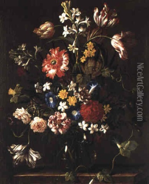 Blomsterstilleben Med Tulpaner Och Rosor Oil Painting - Domenico Bettini