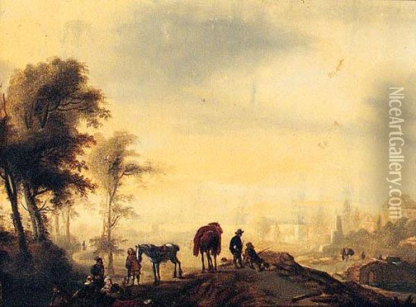 Figures Resting On A Track, With A Town Beyond Oil Painting - Pieter Wouwermans or Wouwerman