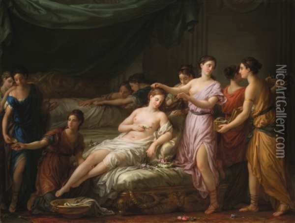 Women In Classical Dress Attending A Young Bride Oil Painting - Joseph Marie Vien