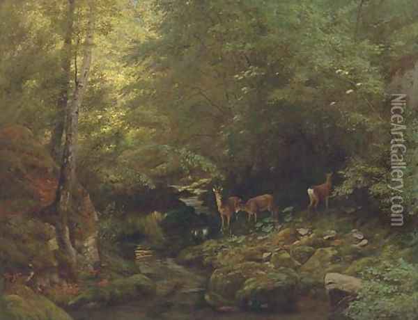 Deer in a river landscape Oil Painting - Albert Girard