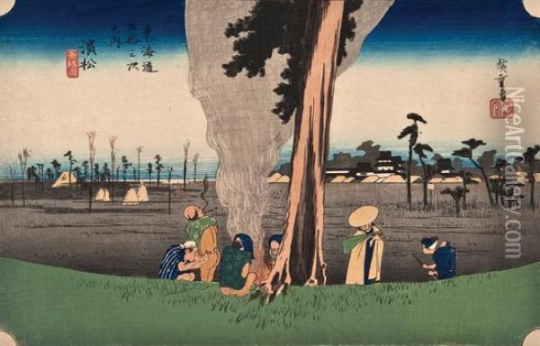 Landscapewith Peasants Round A Fire Oil Painting - Utagawa or Ando Hiroshige