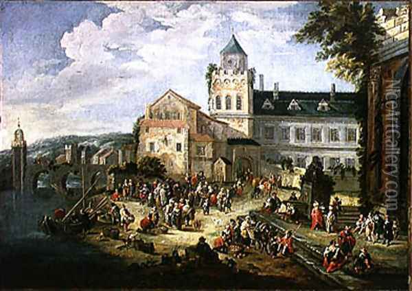 Market on the Banks of a River Oil Painting - Mathys Schoevaerdts